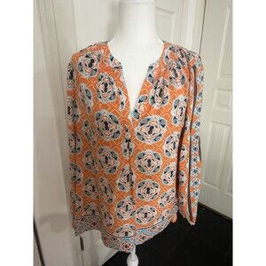 Crown & Ivy Womens SZ M Long Sleeve Orange Blue Pineapple Patterned Top Blouse